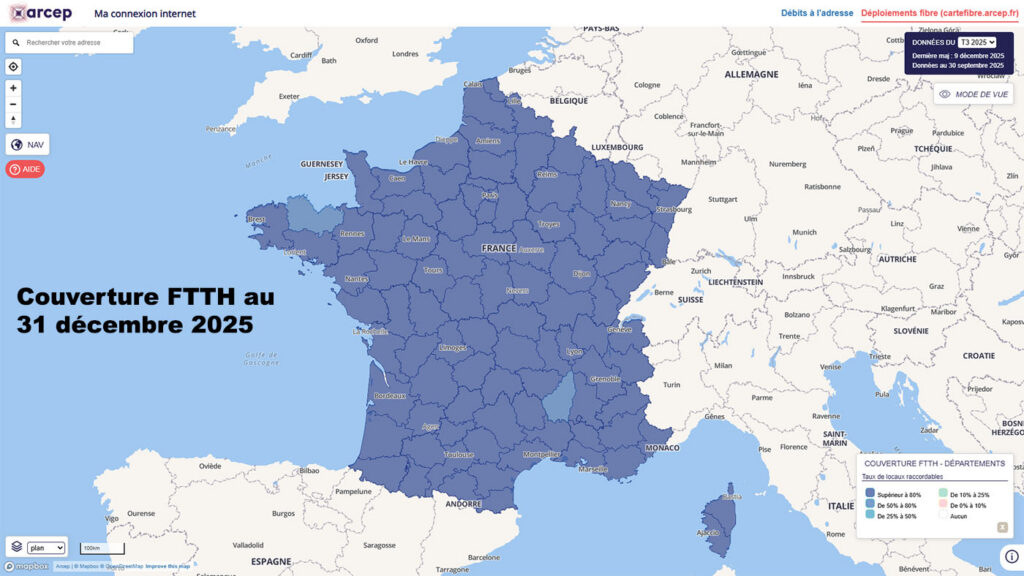 Couverture FTTH de la France au T3 2025