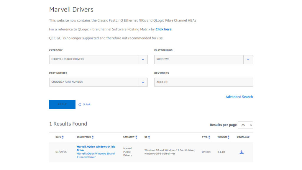 Téléchargement des drivers